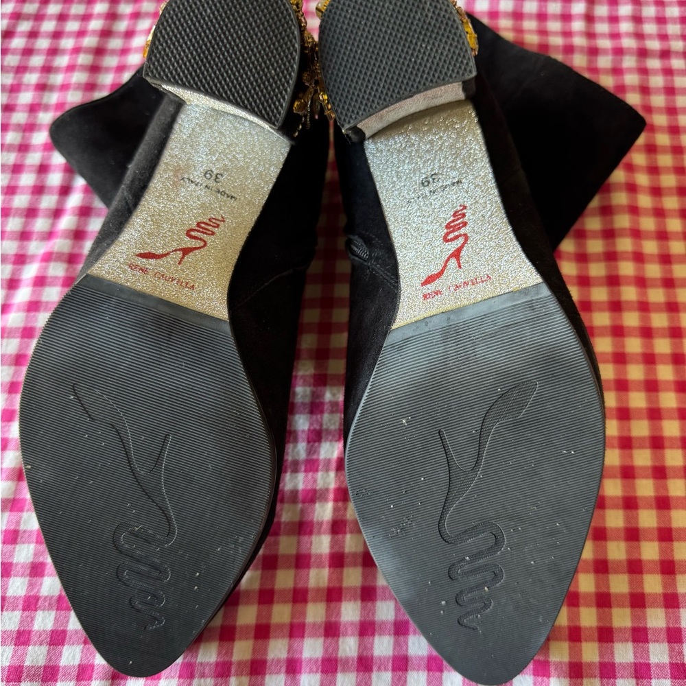 Elegant Black Suede Ankle Boots with Embellished Heels - Picture 6 of 8